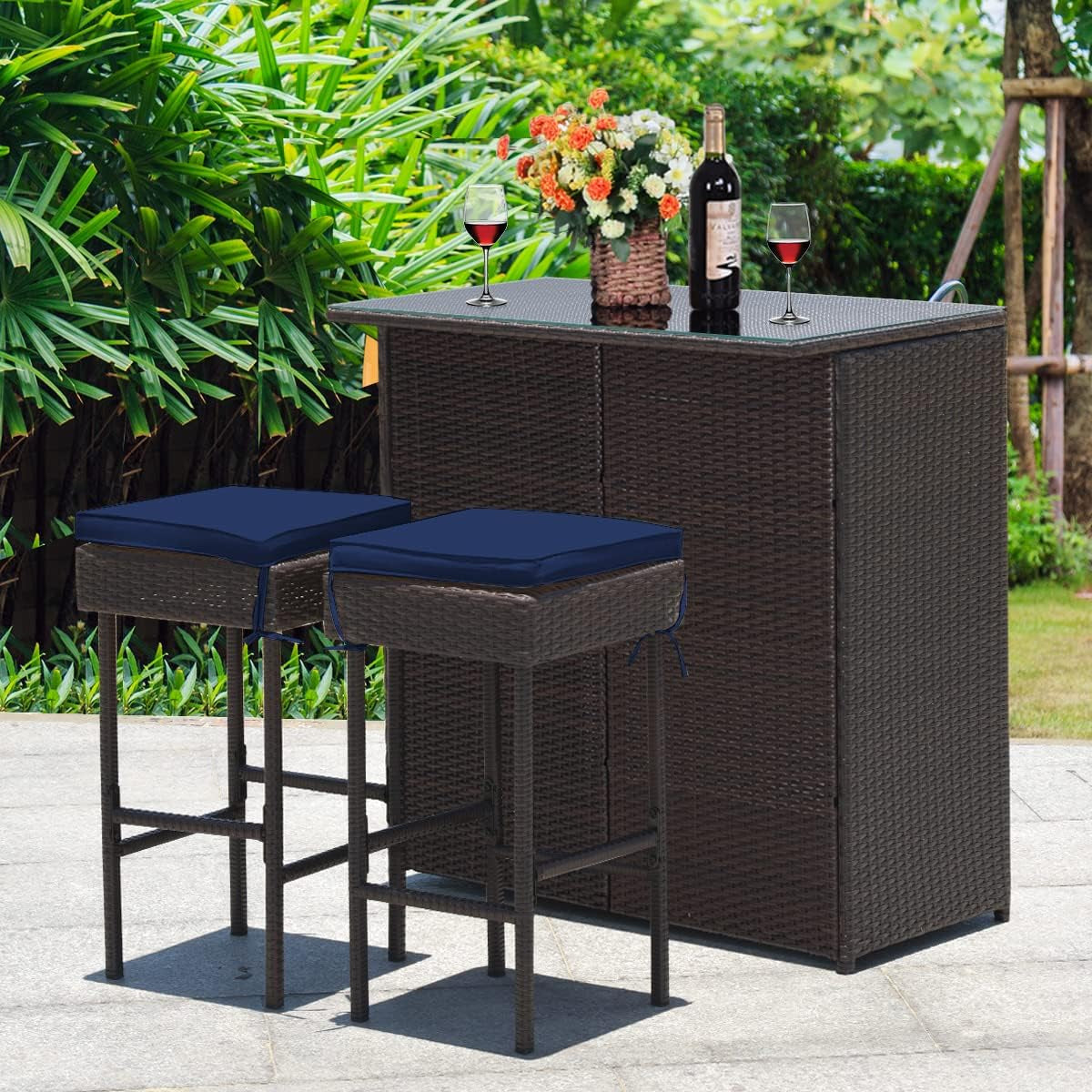 Patio Bar Set, 3 Piece Outdoor Rattan Wicker Bar Set with 2 Cushions Stools & Glass Top Table, Navy & off White Cover, Outdoor Furniture Set for Patios Backyards Porches Gardens Poolside-2