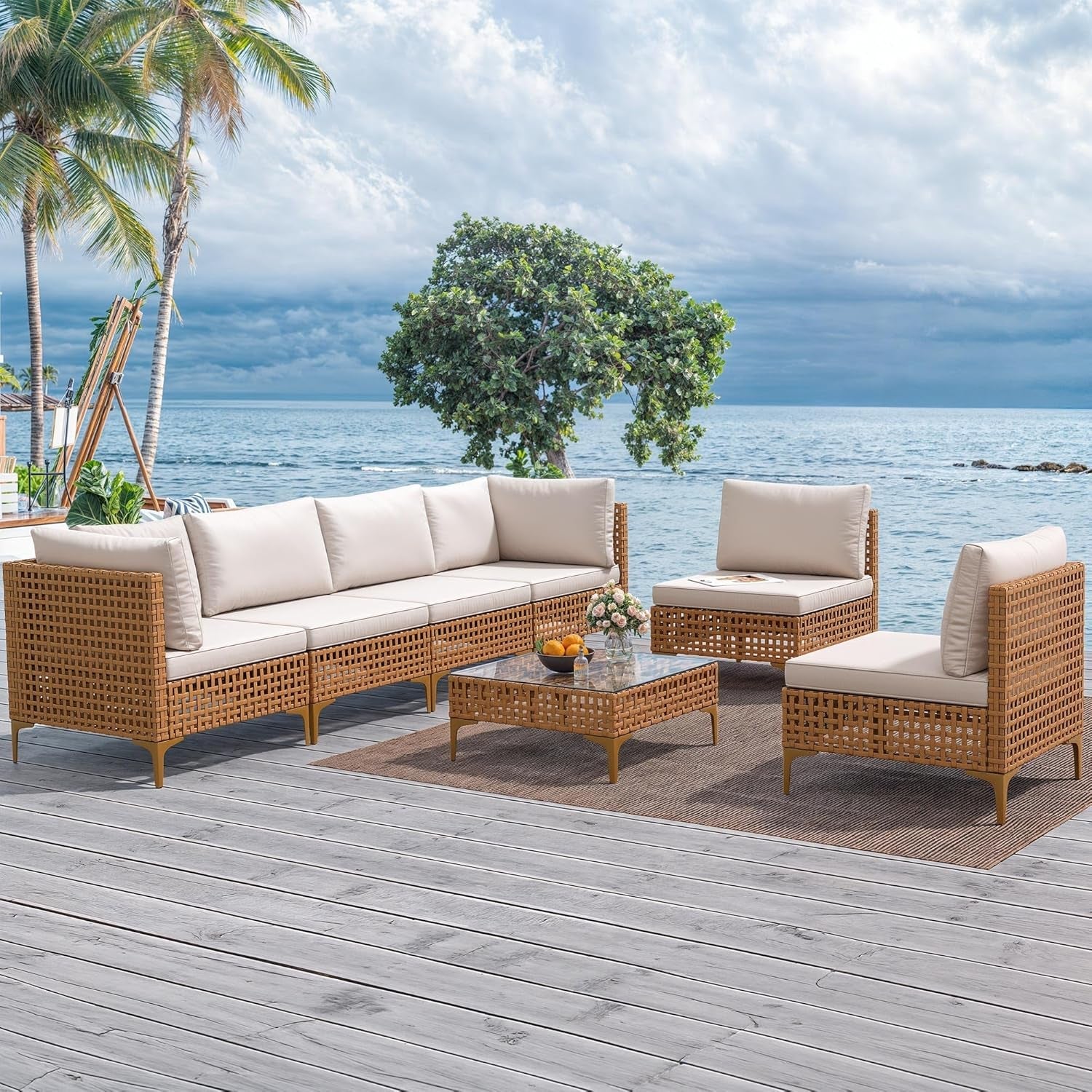 7PCS Patio Furniture Set, All-Weather PE Wicker Patio Conversation Set for Patio Backyard Poolside Porch, Outdoor Sectional Sofa with Coffee Table & Cushions-0