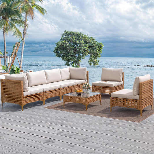 7PCS Patio Furniture Set, All-Weather PE Wicker Patio Conversation Set for Patio Backyard Poolside Porch, Outdoor Sectional Sofa with Coffee Table & Cushions-0