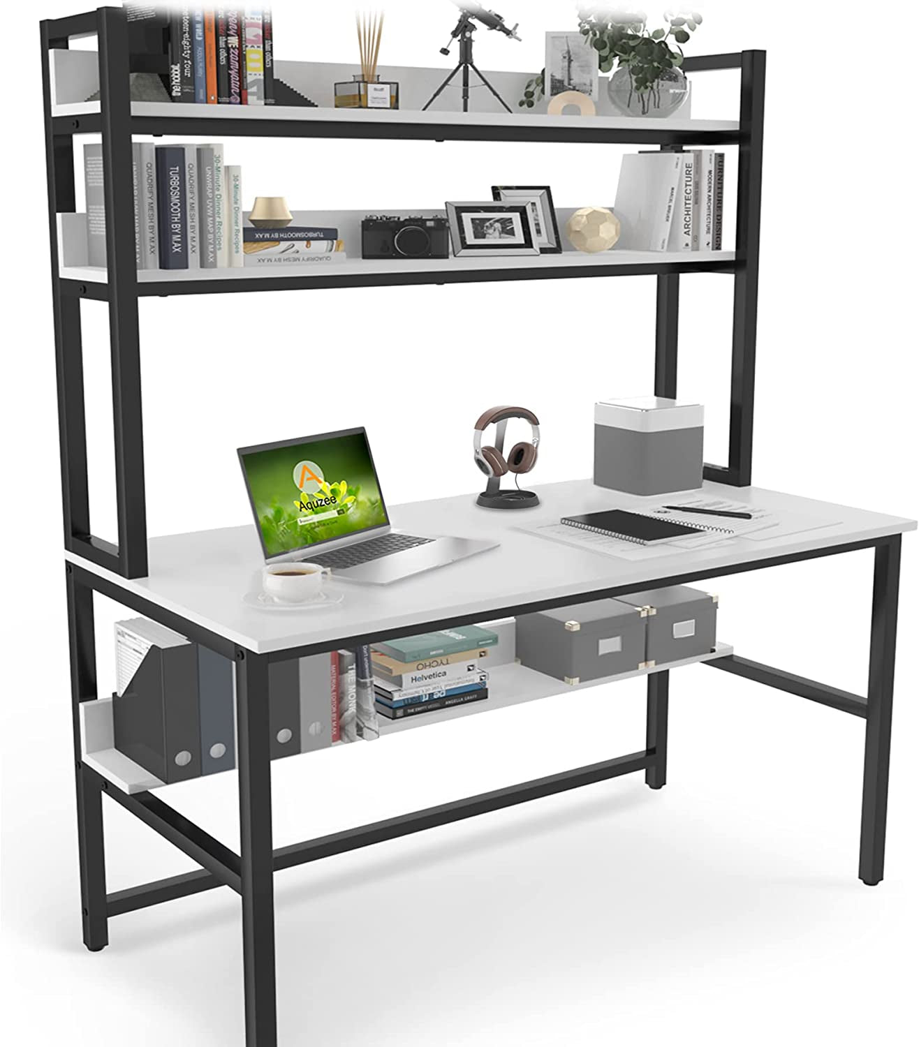 55-Inch White Desk with Hutch and Bookshelf-0