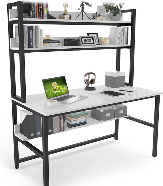 55-Inch White Desk with Hutch and Bookshelf-0