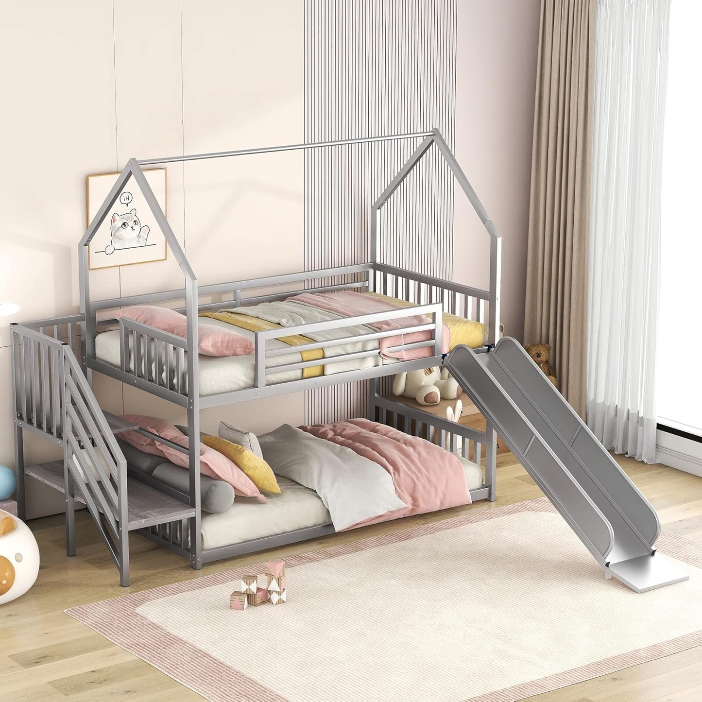 Twin over Twin Bunk Bed with Slide and Storage Stairs, Heavy Duty Bunk Bed/House Bunk Bed Twin over Twin, Twin Floor Bunk Beds for Kids, Girls, Boys(Twin over Twin Sliver)-2