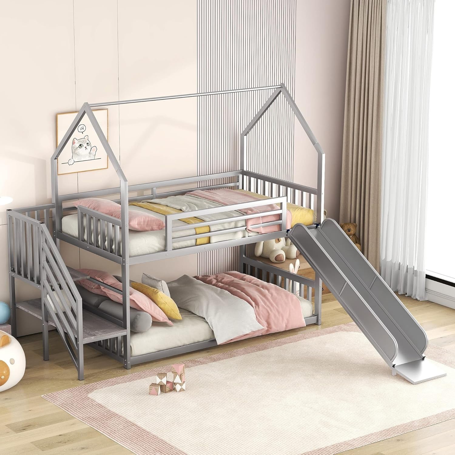 Twin over Twin Bunk Bed with Slide and Storage Stairs, Heavy Duty Bunk Bed/House Bunk Bed Twin over Twin, Twin Floor Bunk Beds for Kids, Girls, Boys(Twin over Twin Sliver)-2