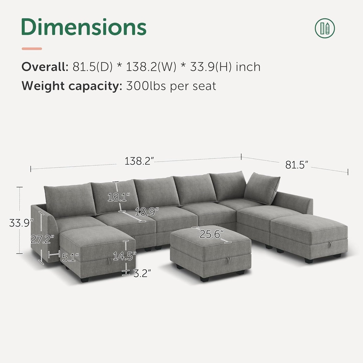 Oversized Modular Sectional Sofa with Storage Seats Reversible Sectional Couch with Ottomans U Shaped Modular Sectional Couch for Living Room, Grey-1