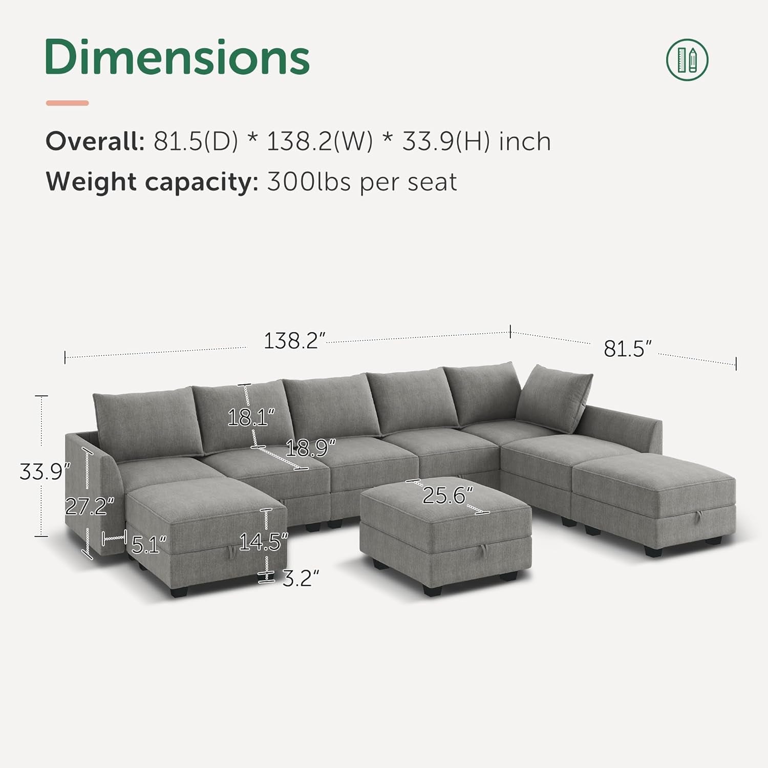 Oversized Modular Sectional Sofa with Storage Seats Reversible Sectional Couch with Ottomans U Shaped Modular Sectional Couch for Living Room, Grey-1