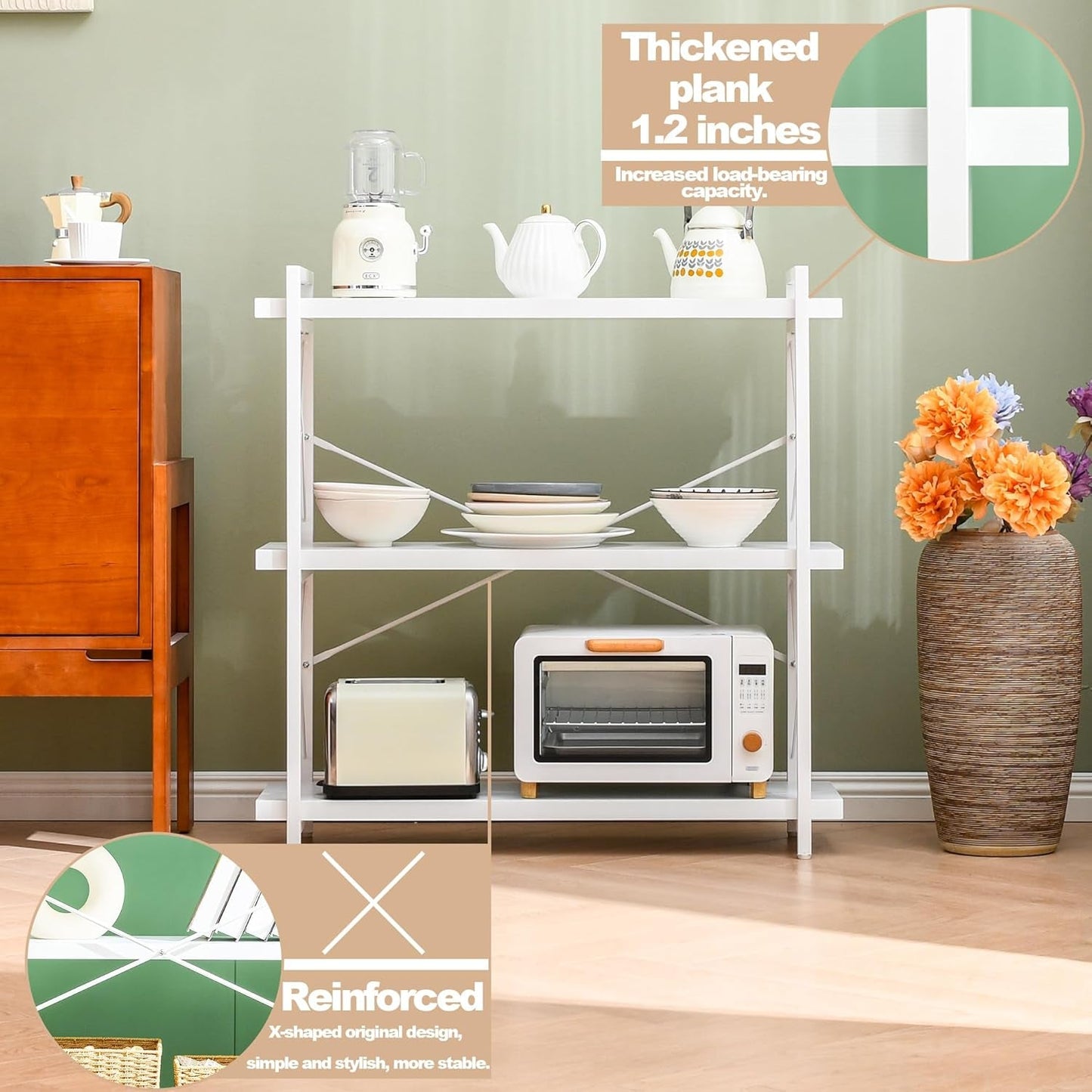 Bookshelf, 3-Tier Industrial Bookcase, White Open Book Shelf, Freestanding Horizontal Bookshelves with Metal Frame-4