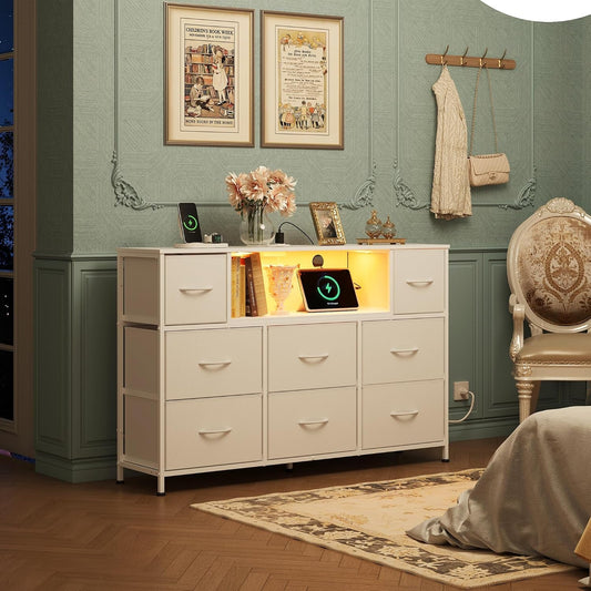 White Dresser for Bedroom, TV Stand for Bedroom for 55 Inch TV with Charging Station and LED Lights, Fabric Chest of Drawers with Open Shelves, 8 Drawers Dressers for Living Room, Closet-1