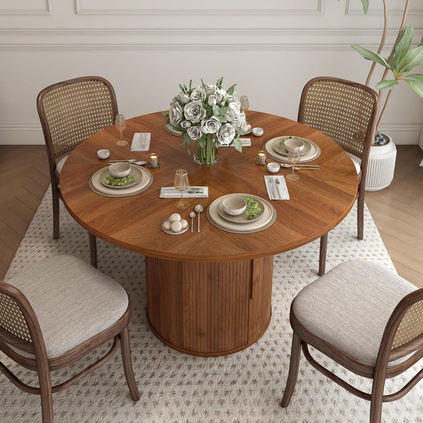 47 Inch round Dining Table for 4, Kitchen Table Dinner Table with 2-Layer Storage Shelf and Wood Slide Door for Home Dining Room Living Room (Walnut)-2