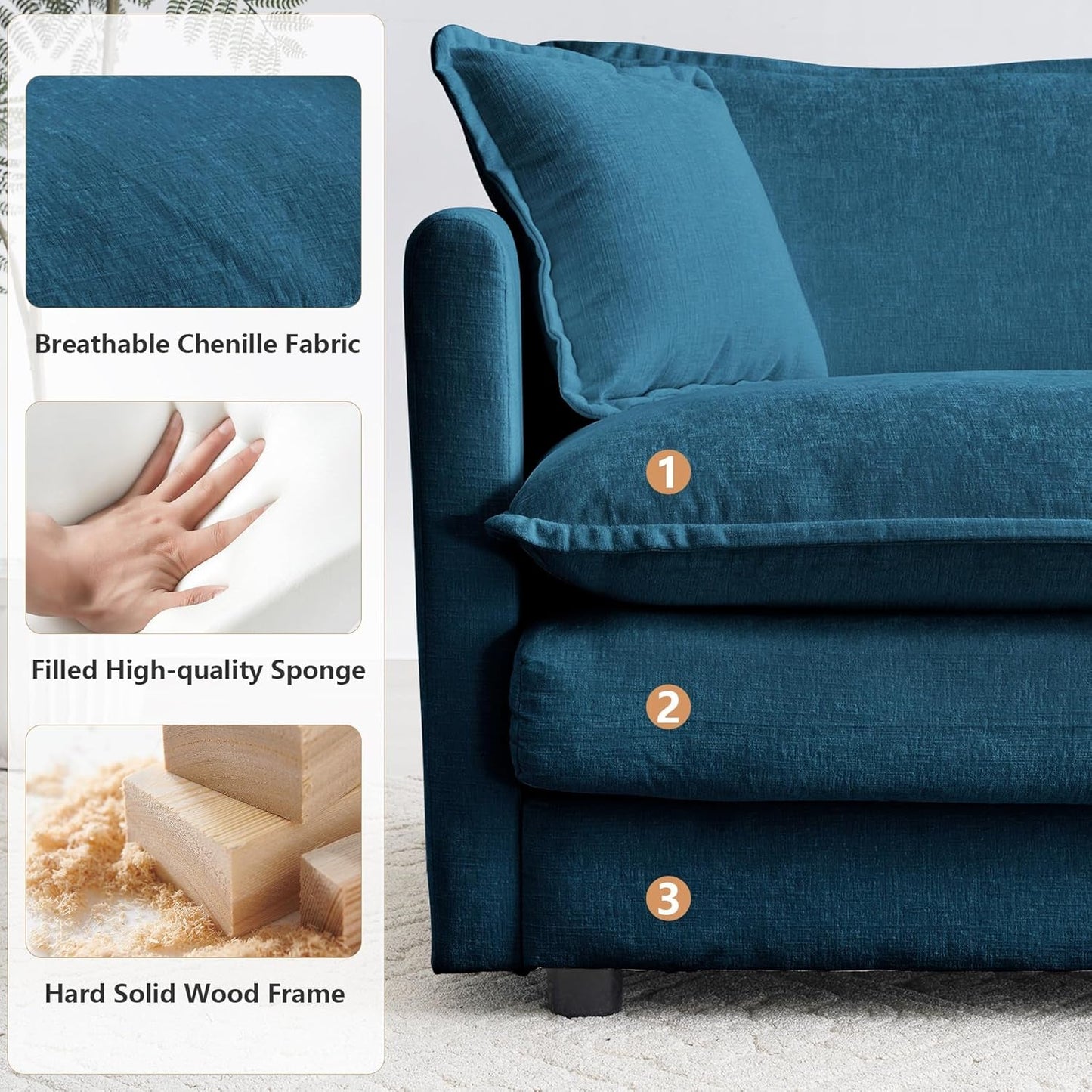 Luxury 2 Piece Loveseat Couch & Sofa Armchair Set, Modern Upholstered Chenille Cloud Couches Set Furniture with 5 Pillow for Living Room Bedroom Office Apartment, Blue-3