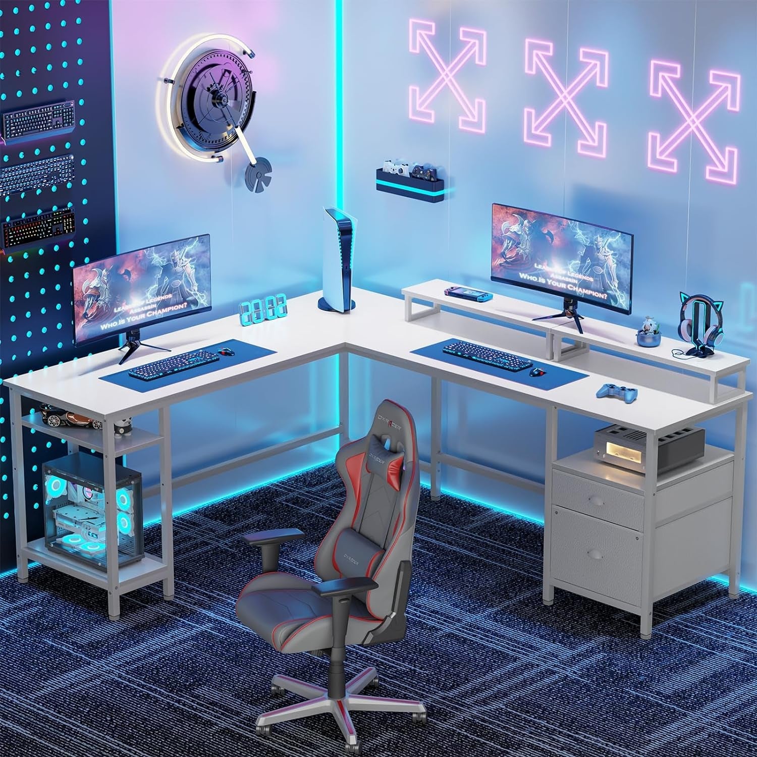 66" White L Desk with Shelves and Drawer-0