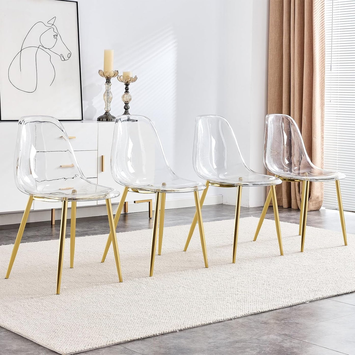 Clear Dining Chairs Set of 4, Modern Kitchen Chairs with Transparent Seat, Acrylic Accent Side Chairs with Plating Metal Legs for Dining Room, Kitchen, Living Room with Gold-0