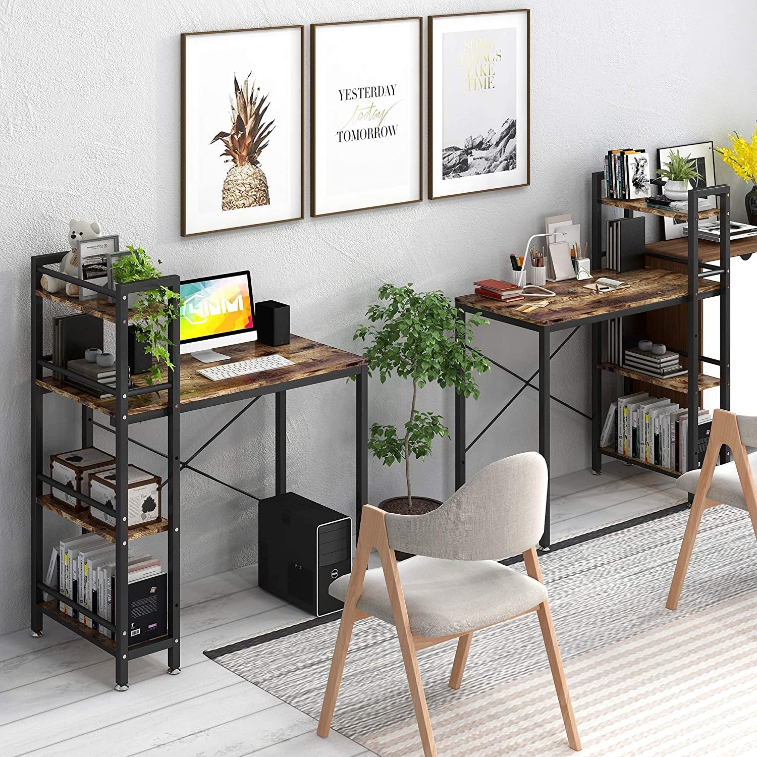 Small Rustic Desk with 4-Tier Bookshelf-1