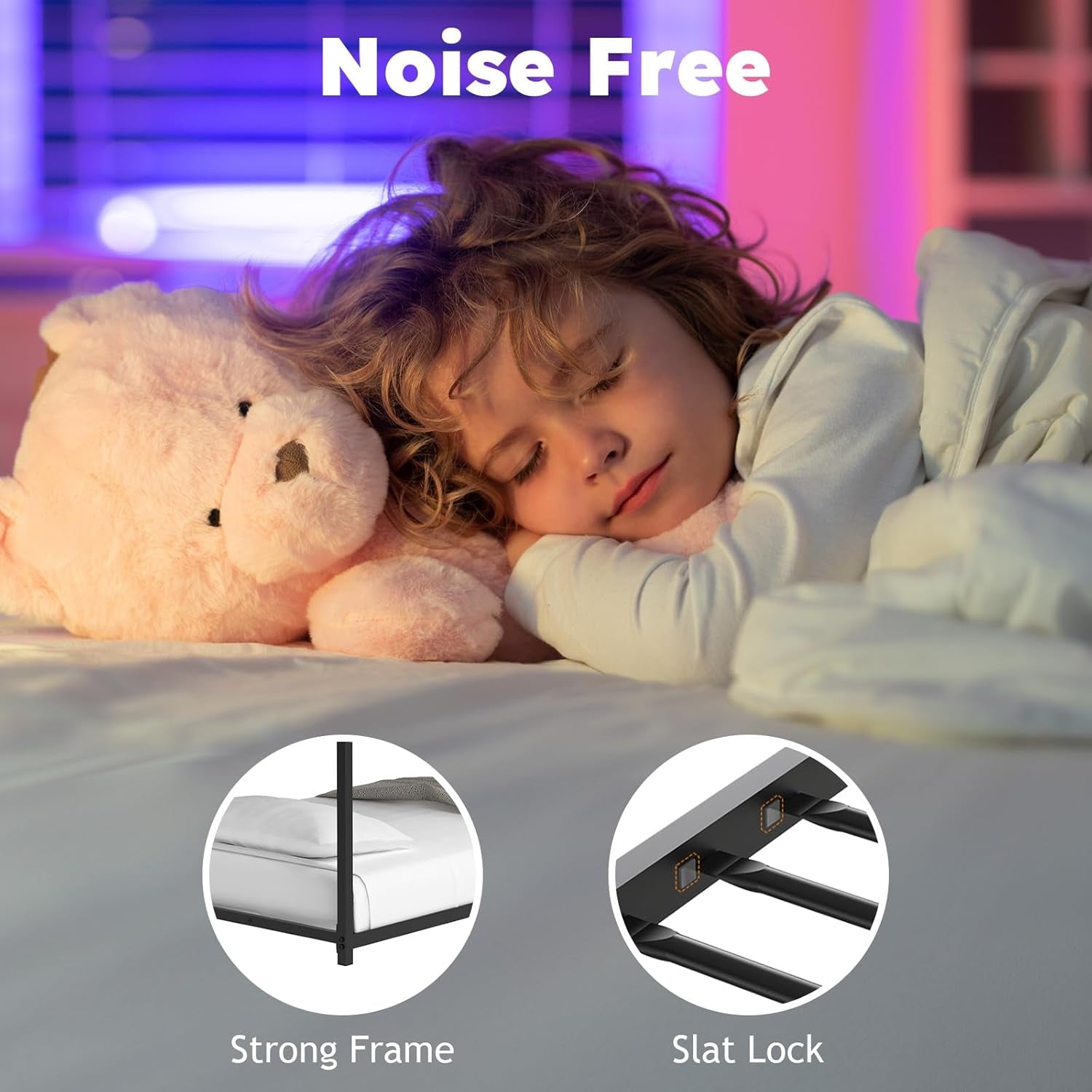 Twin over Twin Bunk Bed, Metal Low Profile Bunkbeds with Full-Length Guardrail and Ladder, Space Saving, No Boxing Spring Needed, Black-3