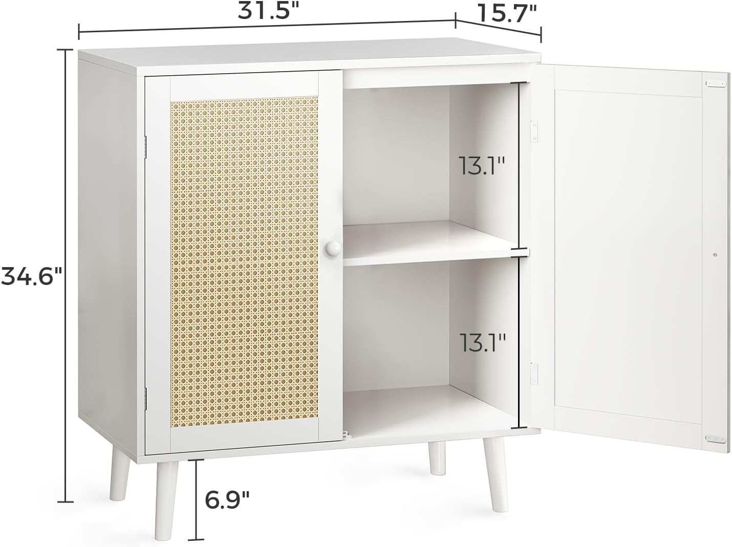 Buffet Cabinet with Storage, Storage Cabinet with PE Rattan Decor Doors, Accent Cabinet with Solid Wood Feet, Sideboard Cabinet for Hallway, Entry, Living Room, White-2