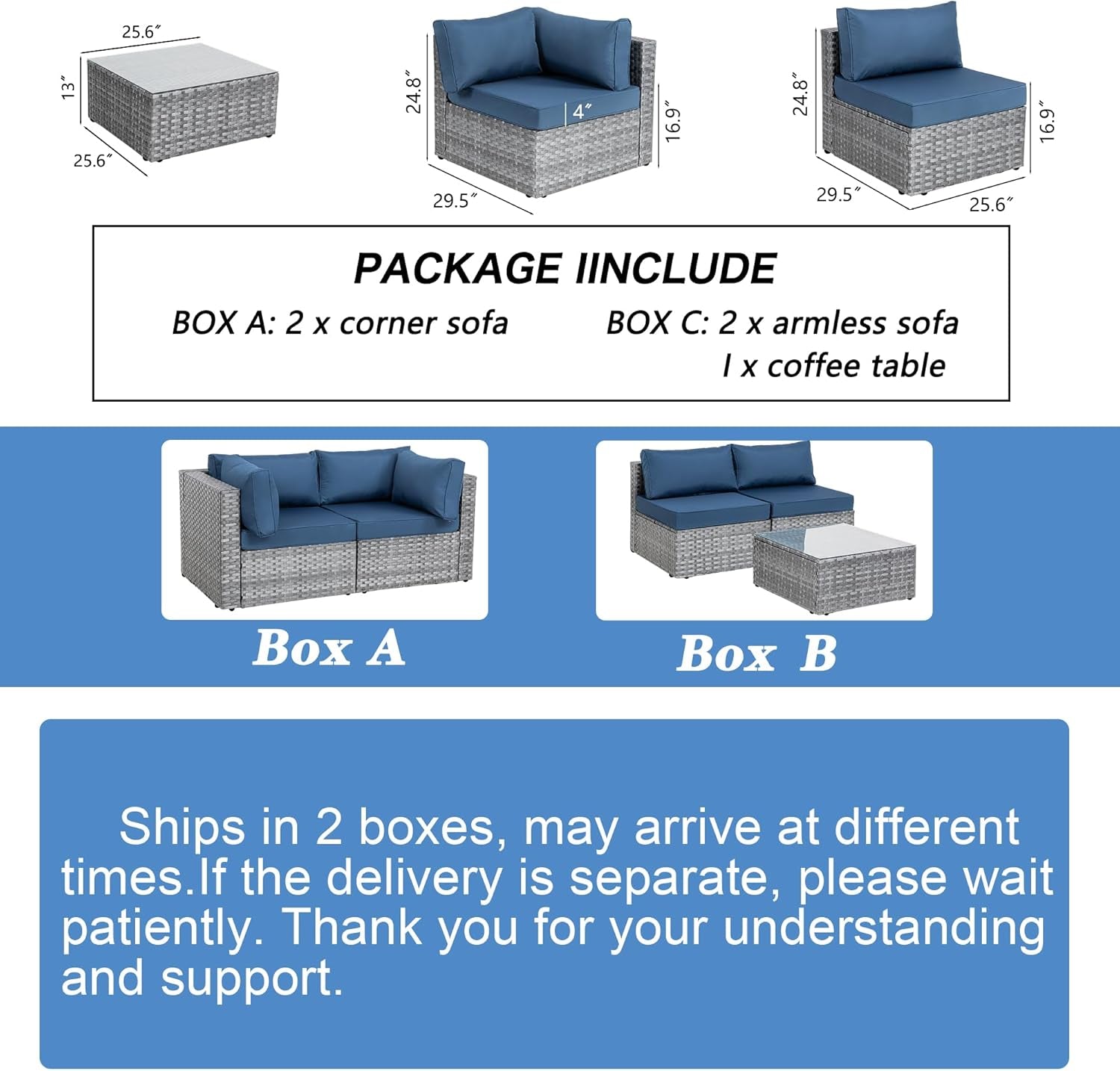 5 Pieces Outdoor Patio Sectional Sofa Couch, Silver Gray PE Wicker Furniture Conversation Sets with Washable Cushions & Glass Coffee Table for Garden, Poolside, Backyard (Aegean Blue)-1
