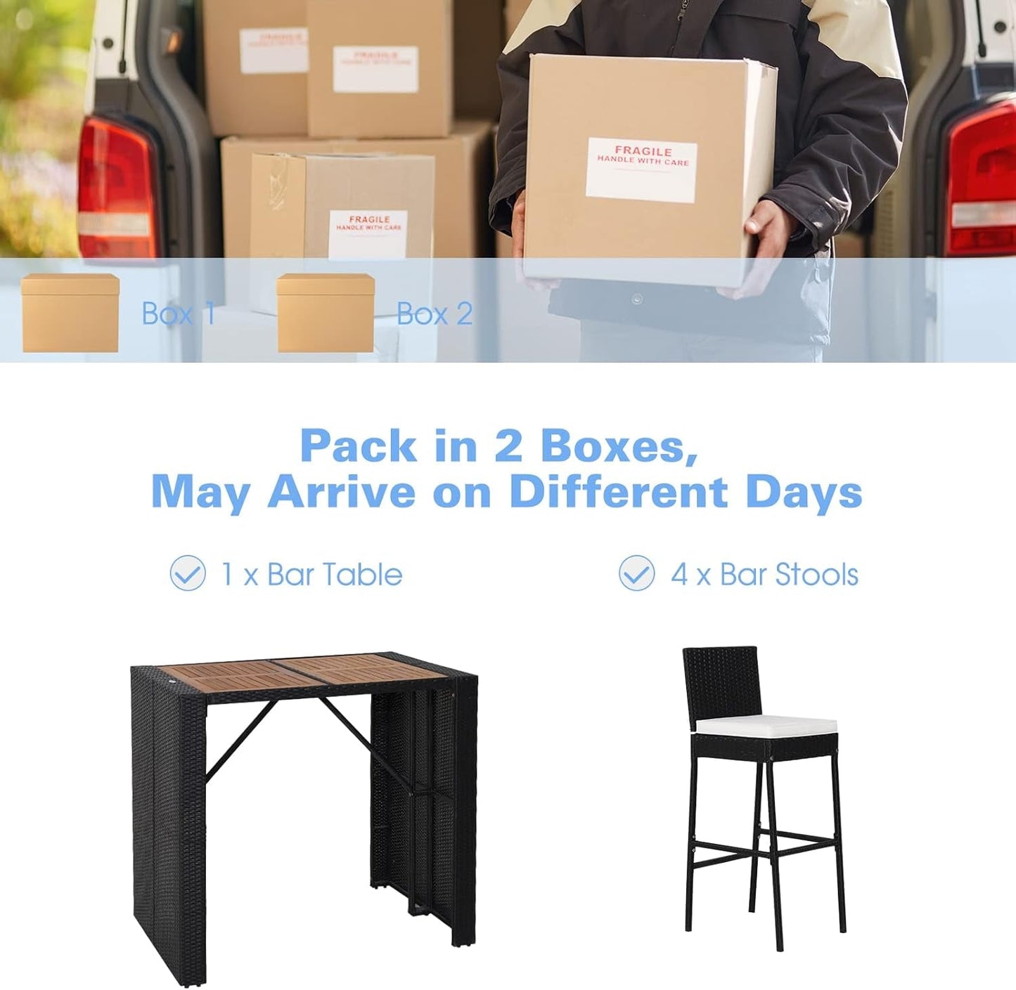 5 Piece Patio Wicker Bar Set, Patiojoy Outdoor Acacia Wood Bar Height Table & 4 Rattan Bar Stool Chairs with Backrest and Footrest, Outdoor Dining Bistro Set-1