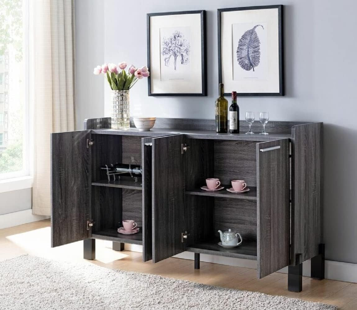 62″ Large Dining Server Cupboard Buffet Console Table in Distressed Black-0