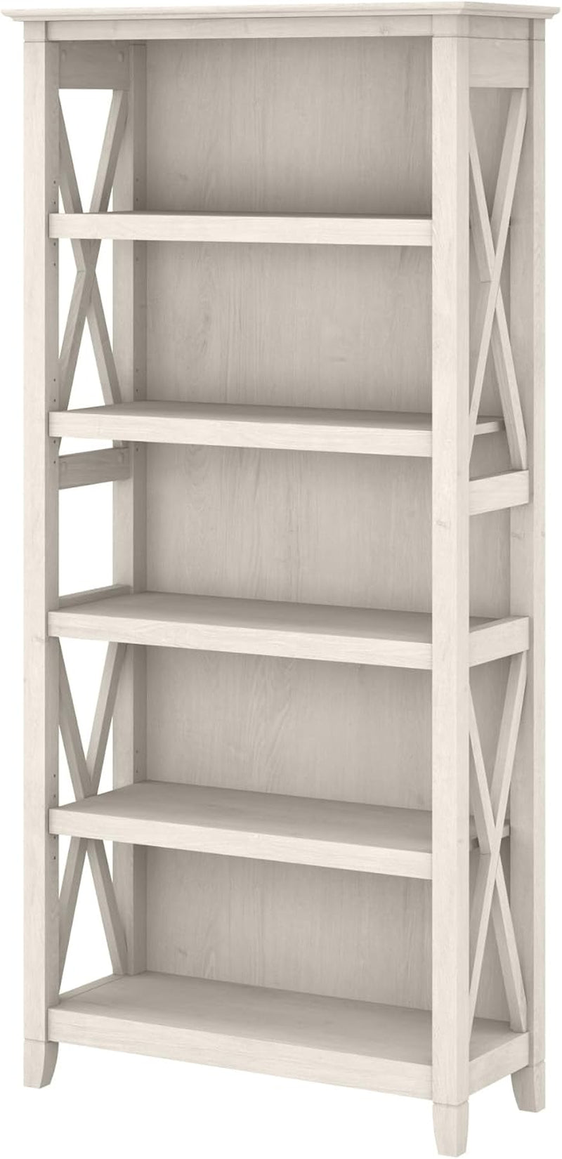 Bush Furniture Tall 5 Shelf Bookcase for Living Room or Home Office, Large Bookshelf, Modern Farmhouse Style, Key West Collection, Linen White Oak-0