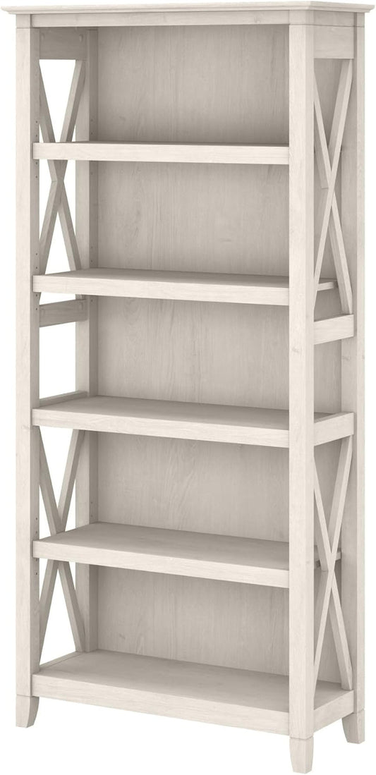 Bush Furniture Tall 5 Shelf Bookcase for Living Room or Home Office, Large Bookshelf, Modern Farmhouse Style, Key West Collection, Linen White Oak-0