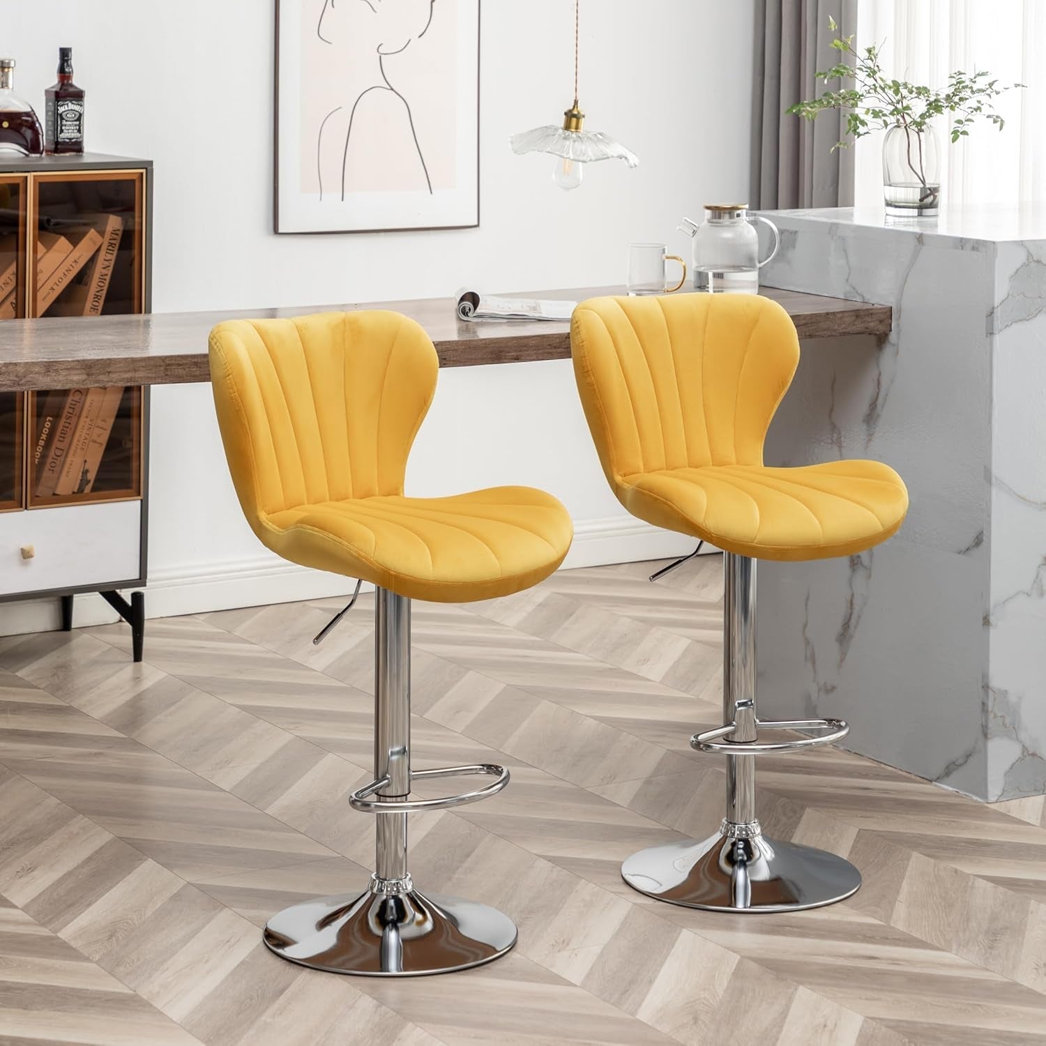 Ellston Velvet Adjustable Swivel Barstools in Yellow, Set of 2-2