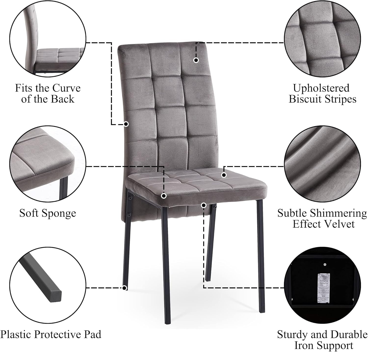 Upholstered Velvet Dining Chairs Classic Kitchen High Back Chairs Set of 4, Featured Dovetail Tufted Side Chairs, Black Metal Legs, Grey-1