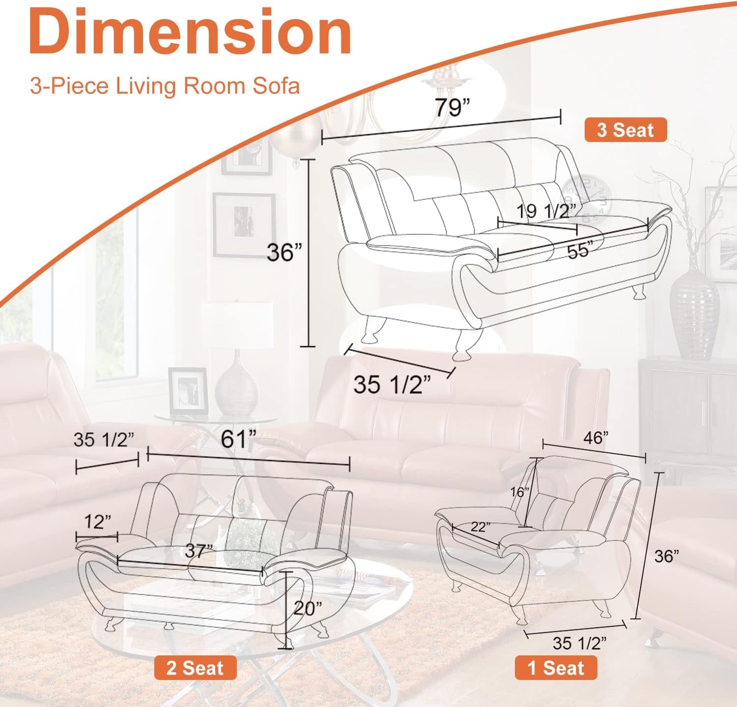 Leather Couches for Living Room, Living Room Couch Set, Sofa for Bedroom, Apartment, Living Room Furniture Sets (B-Leather Orange, Chair)-1