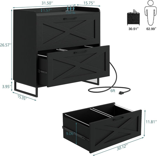 Lateral File Cabinet 2 Drawer File Cabinet with Charging Station for Legal/Letter/A4 Size Hanging Files, Modern Farmhouse Large Wood File Storage Cabinet Printer Stand for Home Office Furniture(Black)-1