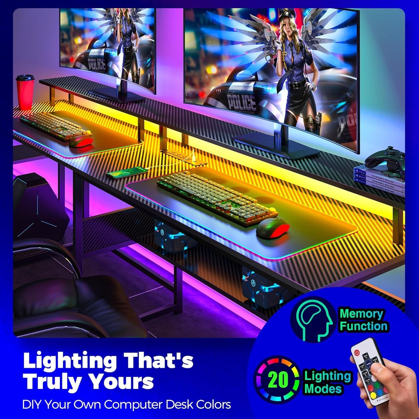 Computer Desk 56.7" with LED Lights and Power Outlets, Carbon Fiber Surface, Reversible L Shaped Gaming Desk with Monitor Stand, Office Desk with Storage, Desk with USB Port and Hook-3