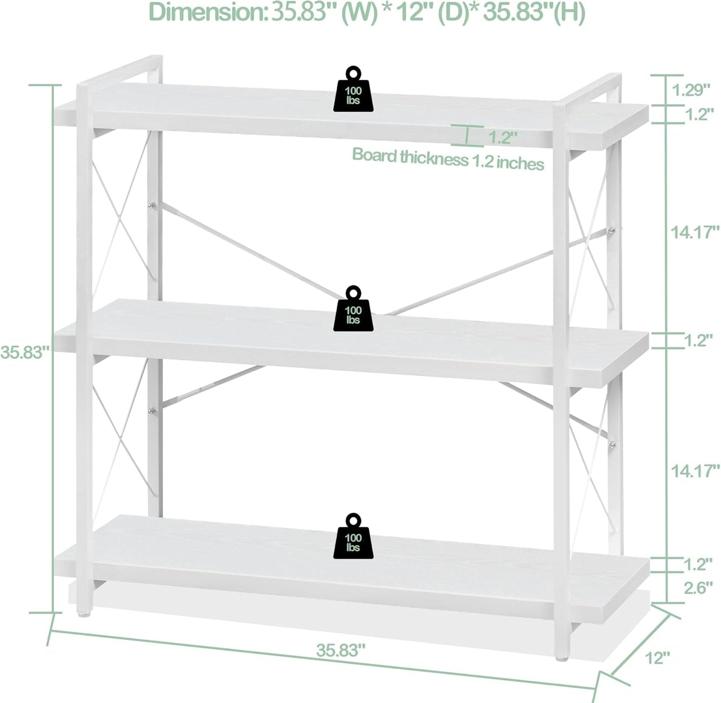 Bookshelf, 3-Tier Industrial Bookcase, White Open Book Shelf, Freestanding Horizontal Bookshelves with Metal Frame-2