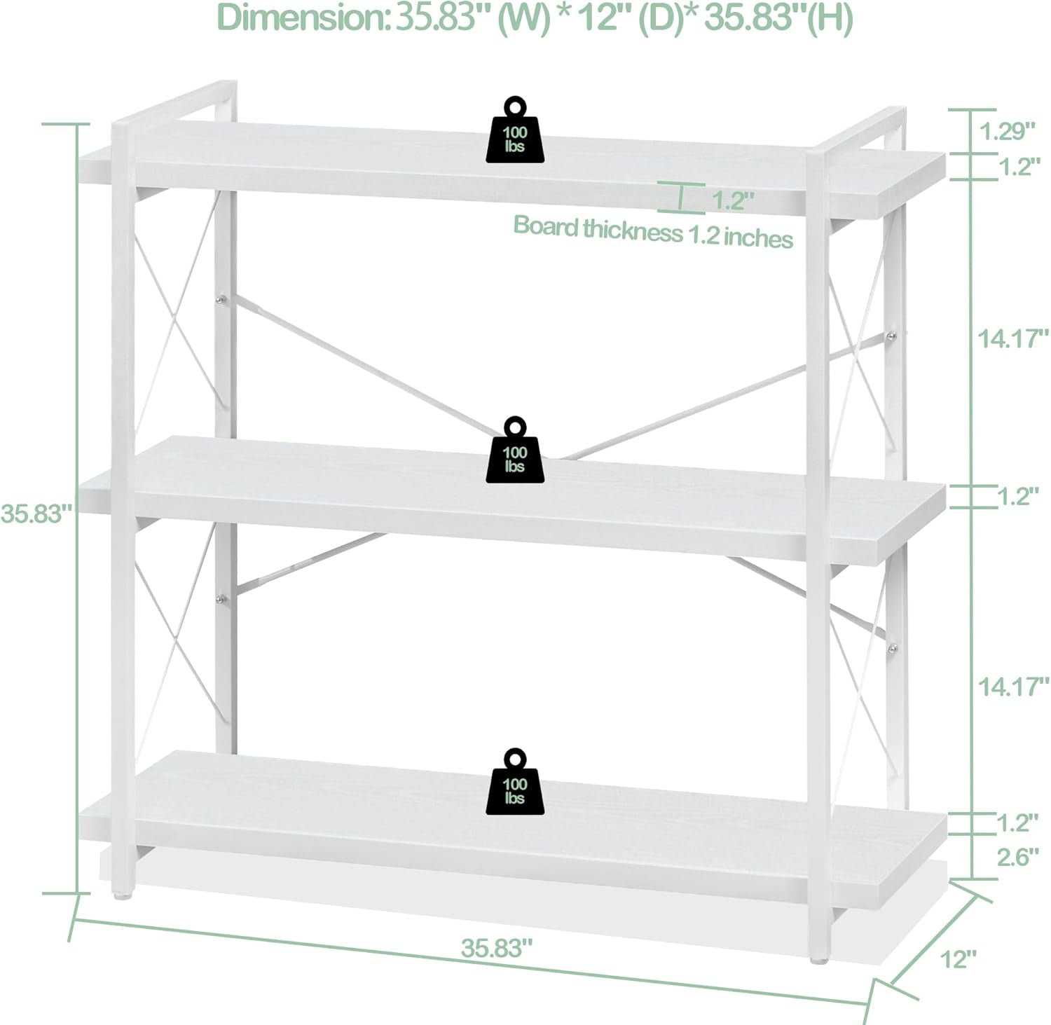 Bookshelf, 3-Tier Industrial Bookcase, White Open Book Shelf, Freestanding Horizontal Bookshelves with Metal Frame-2