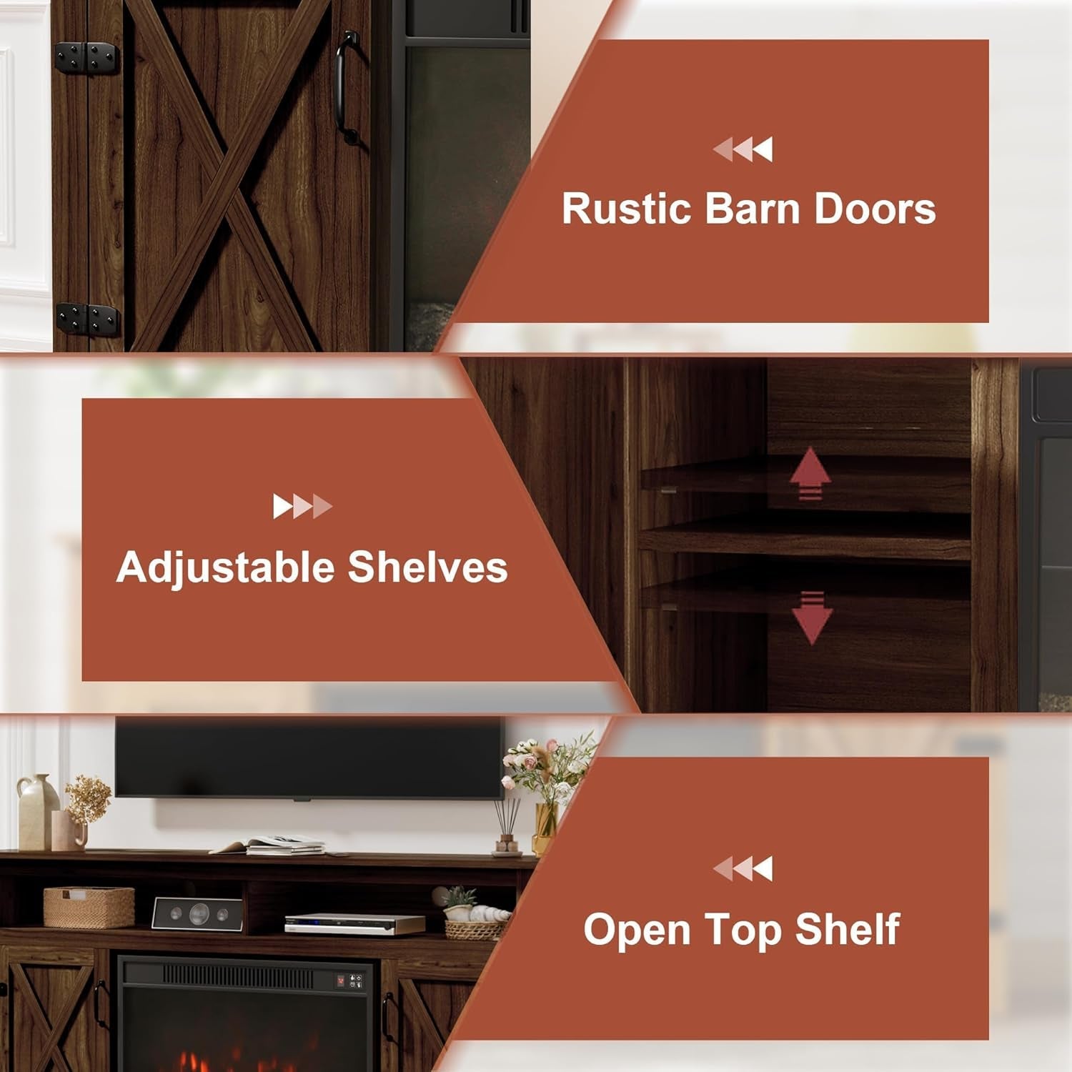 Farmhouse Fireplace TV Stand for Tvs up to 65 Inch Highboy Entertainment Center with Open Storage and Side Cabinets Rustic Media Console Table with Barn Doors for Living Room (Barnwood)-3