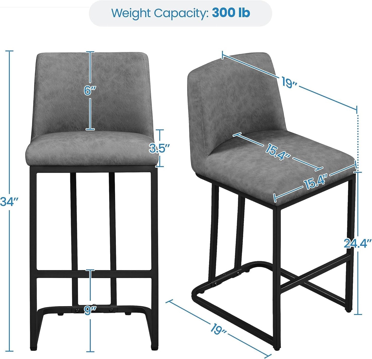 Counter Height Bar Stools 24'' Bar Stools Set of 2 Leather Bar Chairs Modern Upholstered Barstools with Back for Kitchen Counter Gray-2