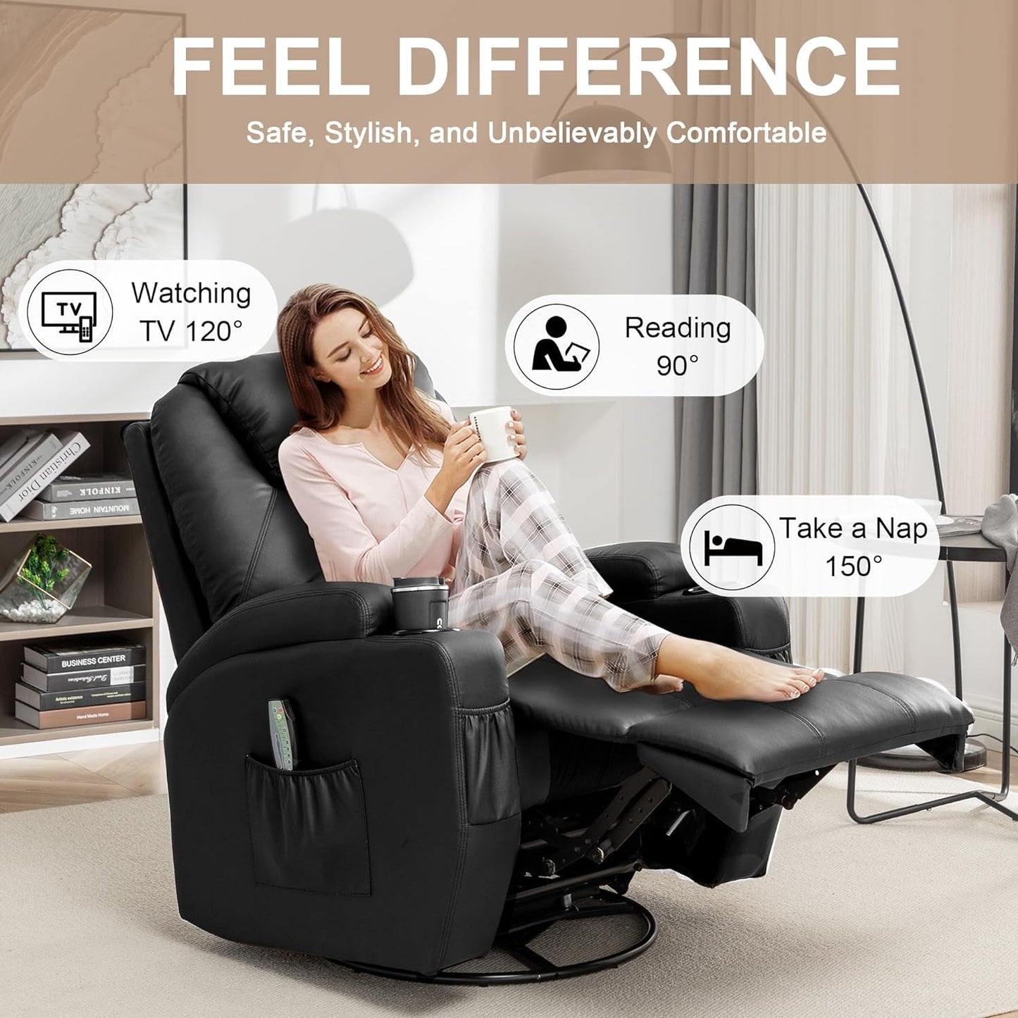 Recliner Chair, Rocking Chair with Massage and Heat, 360° Swivel Recliner Chairs for Adults, Rocker Manual Recliner with Remote Control and Cup Holder for Living Room, Bedroom, Nursery-4