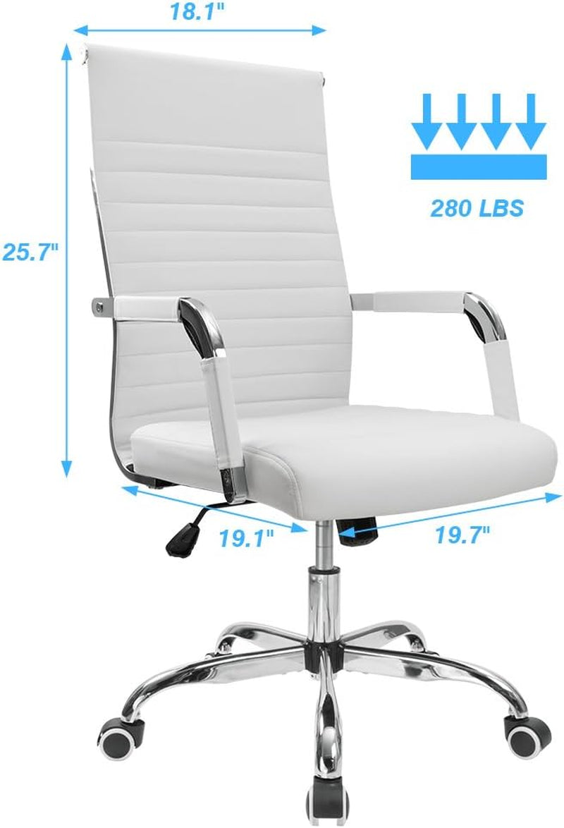 Ribbed Office Desk Chair Mid-Back PU Leather Executive Conference Task Chair Adjustable Swivel Chair with Arms (White)-2