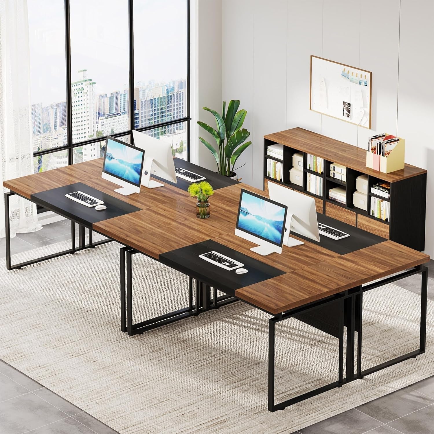 L-Shaped Executive Desk with Reversible File Cabinet, 63" Office Desk with Storage Drawers, L-Shaped Computer Desk with Drawer Cabinet for Hanging Letter Size Files (Walnut & Black)-3