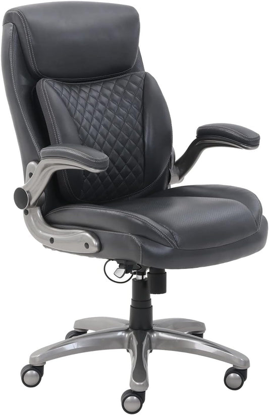 Ergonomic Desk Office Chair, Flip-Up Armrests, Adjustable Height, Grey Leather-0