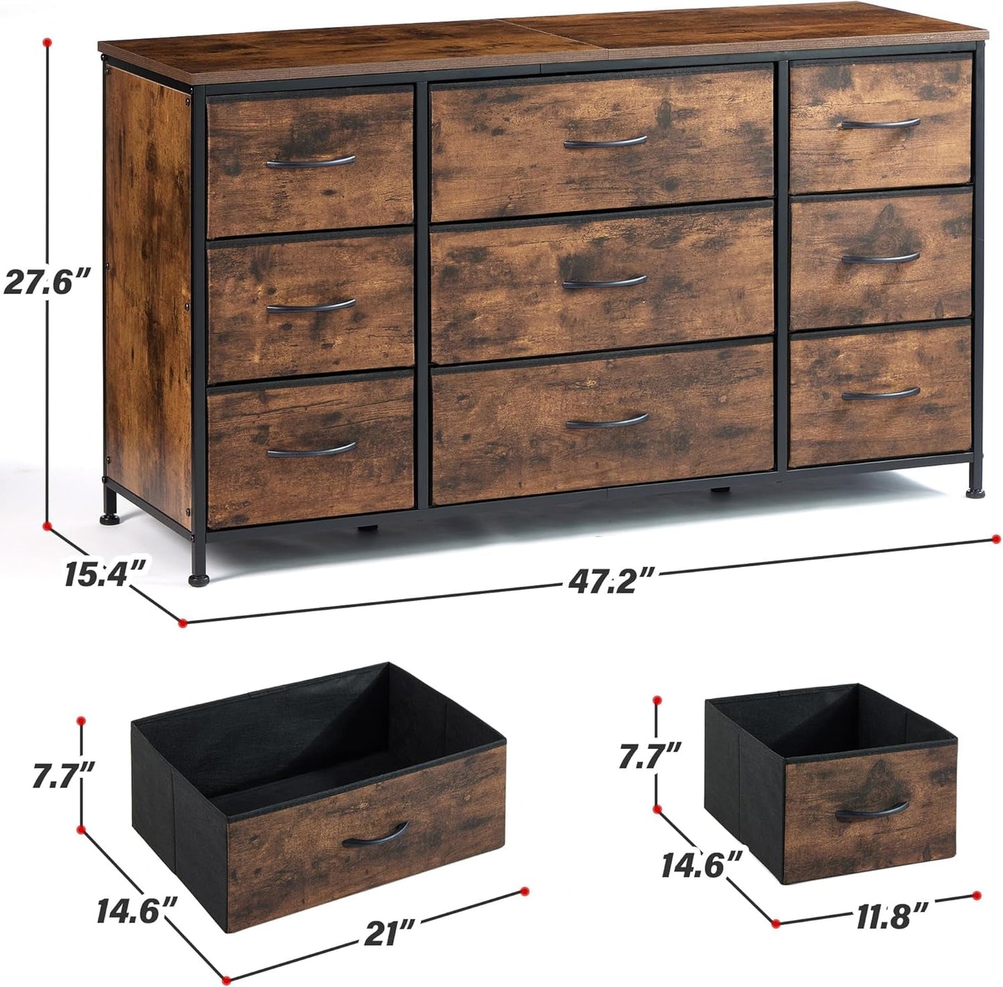 Dresser, Dresser for Bedroom with 9 Drawers, Wide Dresser TV Stand for 55” TV Stand for Bedroom Dresser Long Dressers & Chests of Drawers, Metal Frame&Wood Top, Closet, Hallway, Rustic Brown-2