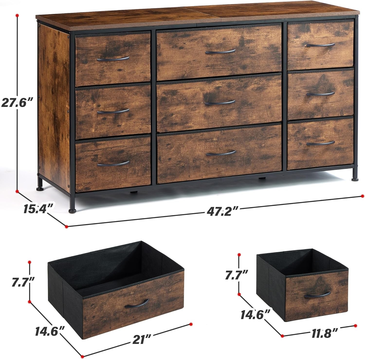 Dresser, Dresser for Bedroom with 9 Drawers, Wide Dresser TV Stand for 55” TV Stand for Bedroom Dresser Long Dressers & Chests of Drawers, Metal Frame&Wood Top, Closet, Hallway, Rustic Brown-2