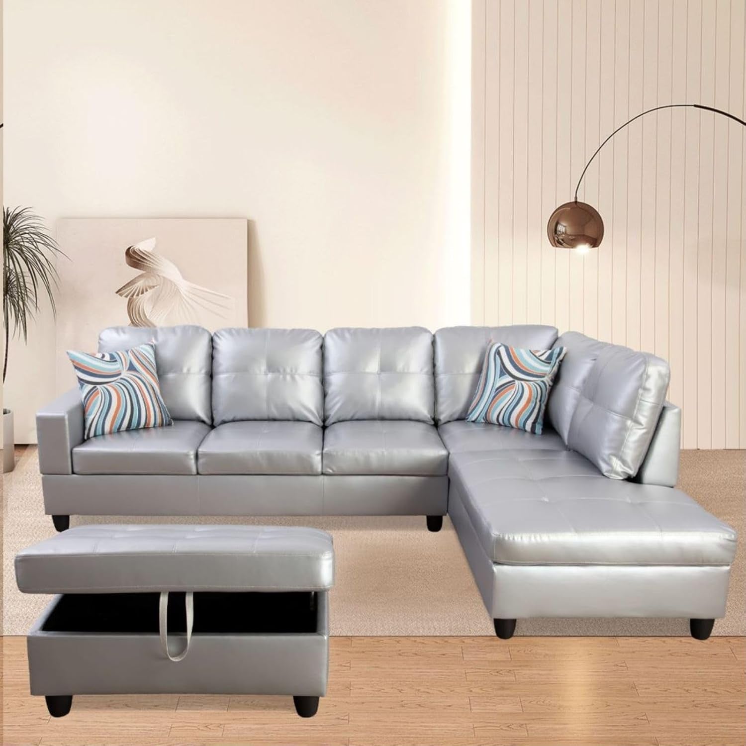 L-Shaped 3-Piece Semi PU Synthetic Leather Sofa with Storage Ottoman Set, Sectional Couch Sofa Set for Living Room, Office, Small Space, Silver White-0
