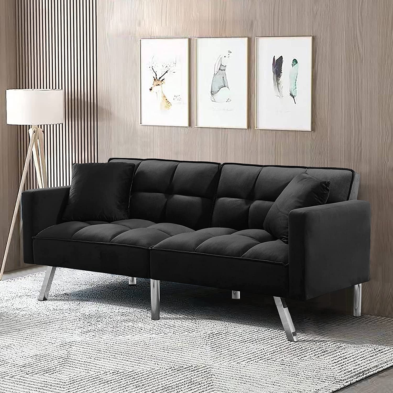 Convertible Velvet Futon Sofa Bed with Pillows-0