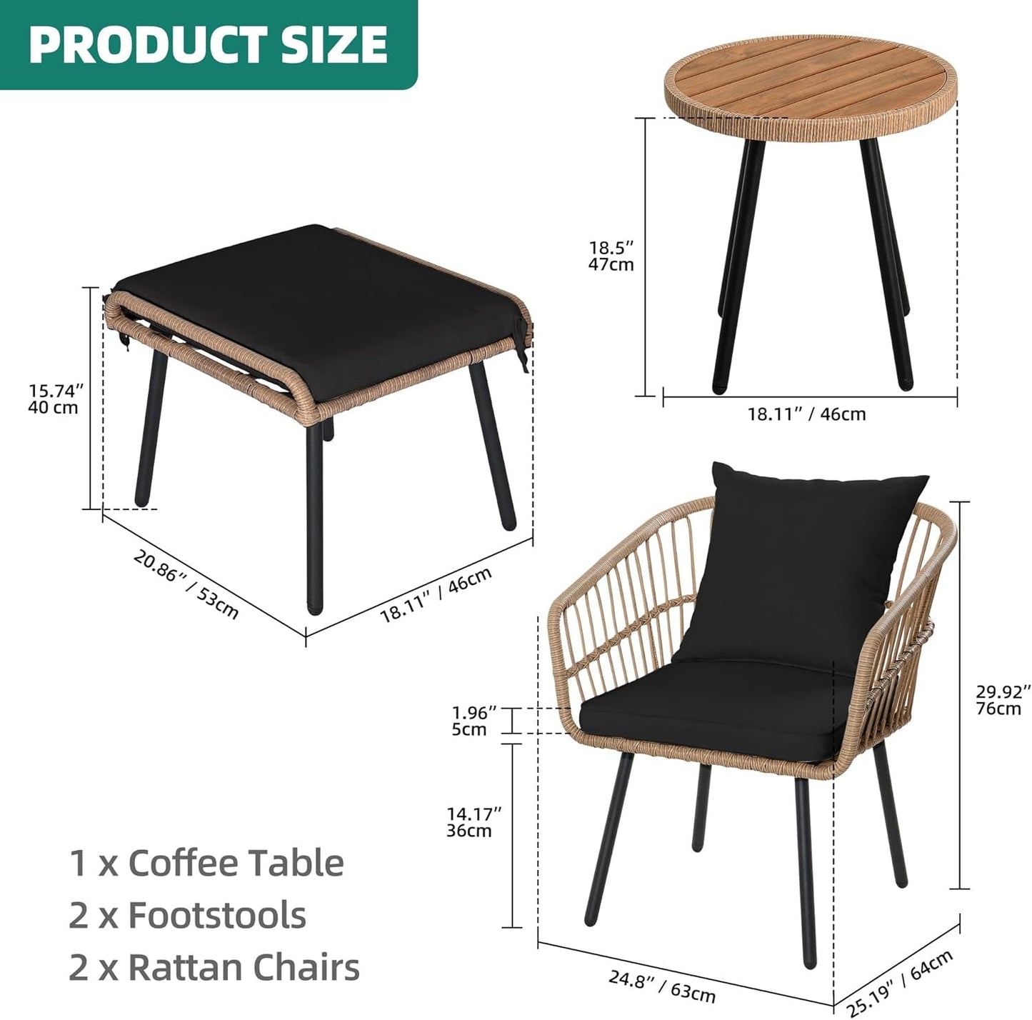 5-Piece Outdoor Wicker Furniture Set, All-Weather Patio Bistro Set with Footrest, Small Patio Conversation Set for Balcony Outside, Outdoor Chairs with Ottomans and Coffee Table - Black-2