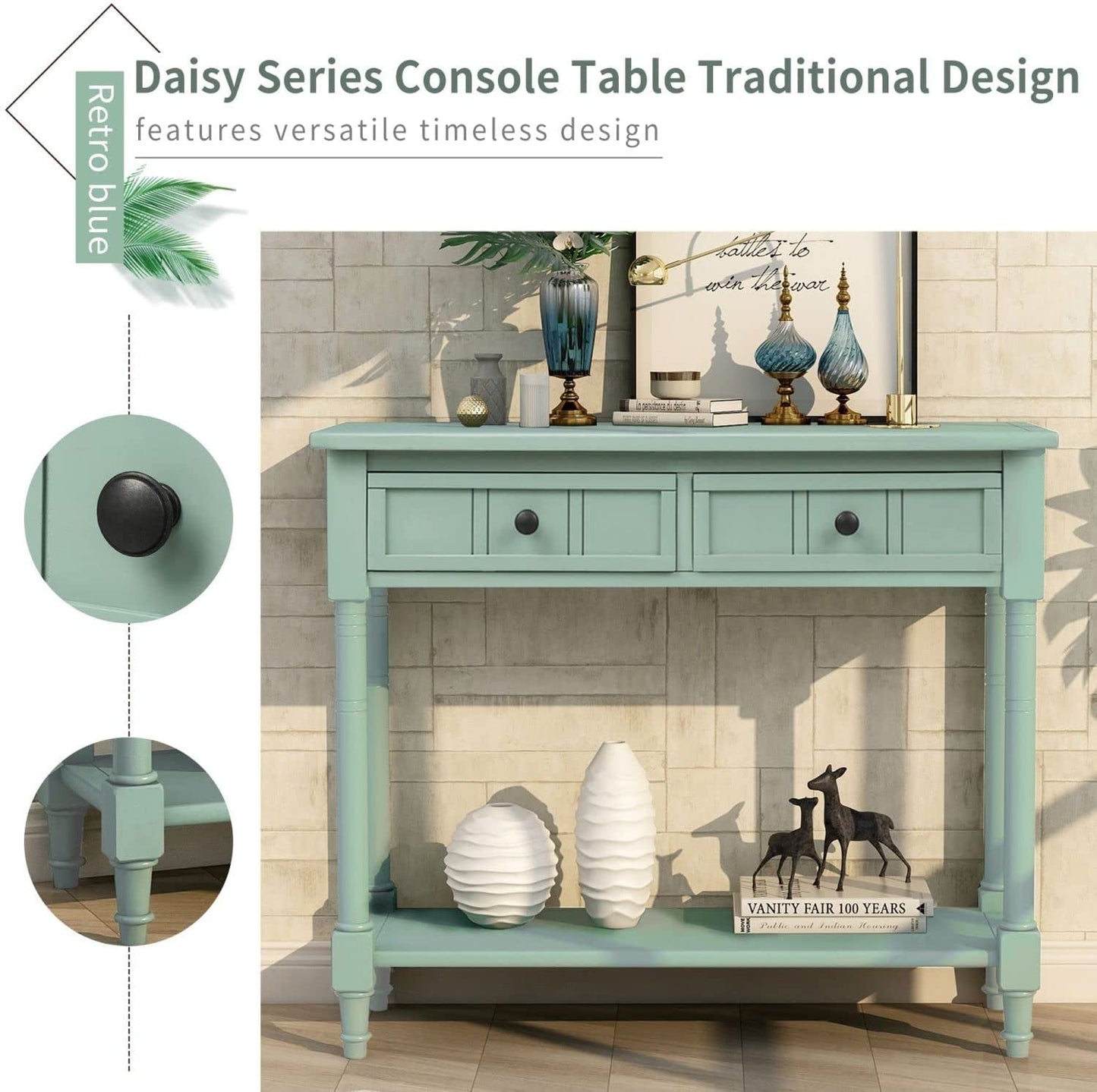 Rustic Green Console Table with Storage Drawers-4