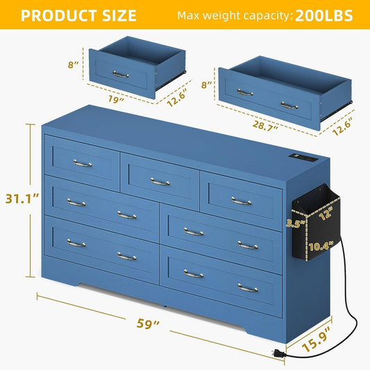 Drawers TV Stand for 65 Inches with Power Outlets -Chest of Drawers Dresser with Side Organizer Bag Entertainment Center TV Console, Blue-1