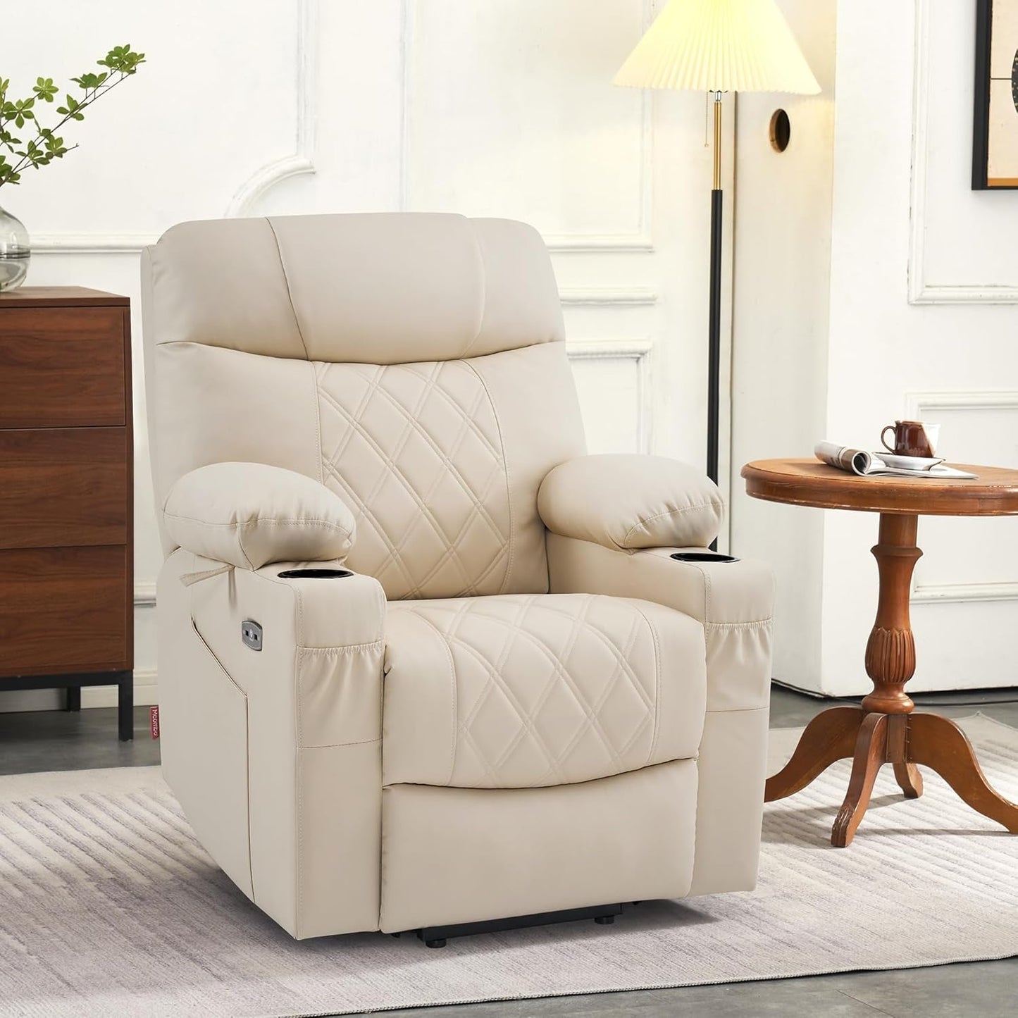 Small Size Power Lift Recliner Chair Sofa with Massage and Dual Heating, Adjustable Headrest for Elderly People Petite, USB Ports, Extended Footrest, Faux Leather 7111 (Cream White)-3