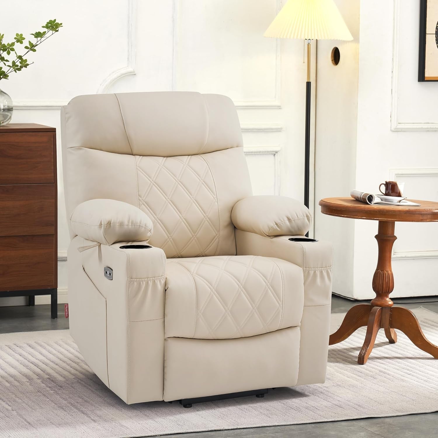 Small Size Power Lift Recliner Chair Sofa with Massage and Dual Heating, Adjustable Headrest for Elderly People Petite, USB Ports, Extended Footrest, Faux Leather 7111 (Cream White)-3