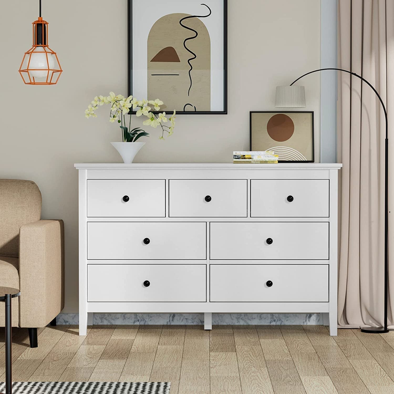 White 7-Drawer Modern Dresser with Solid Wood Legs-0