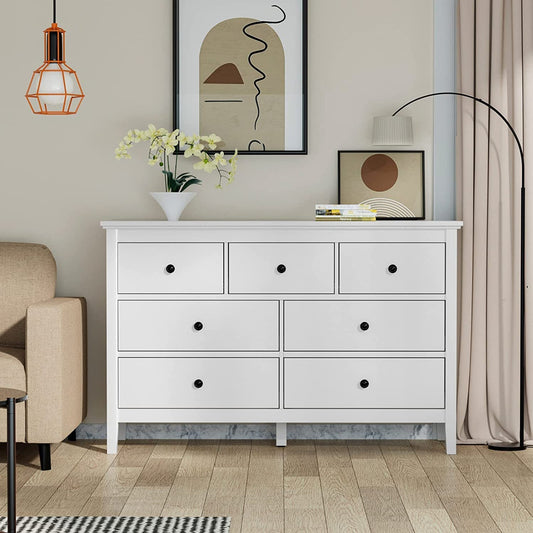 White 7-Drawer Modern Dresser with Solid Wood Legs-0