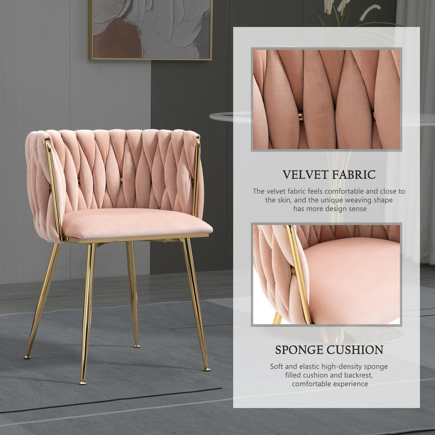 Velvet Dining Chairs Set of 4, Upholstered Dining Room Chairs with Gold Metal Legs, Luxury Tufted Dining Chairs for Living Room, Bedroom, Kitchen (Pink)-2