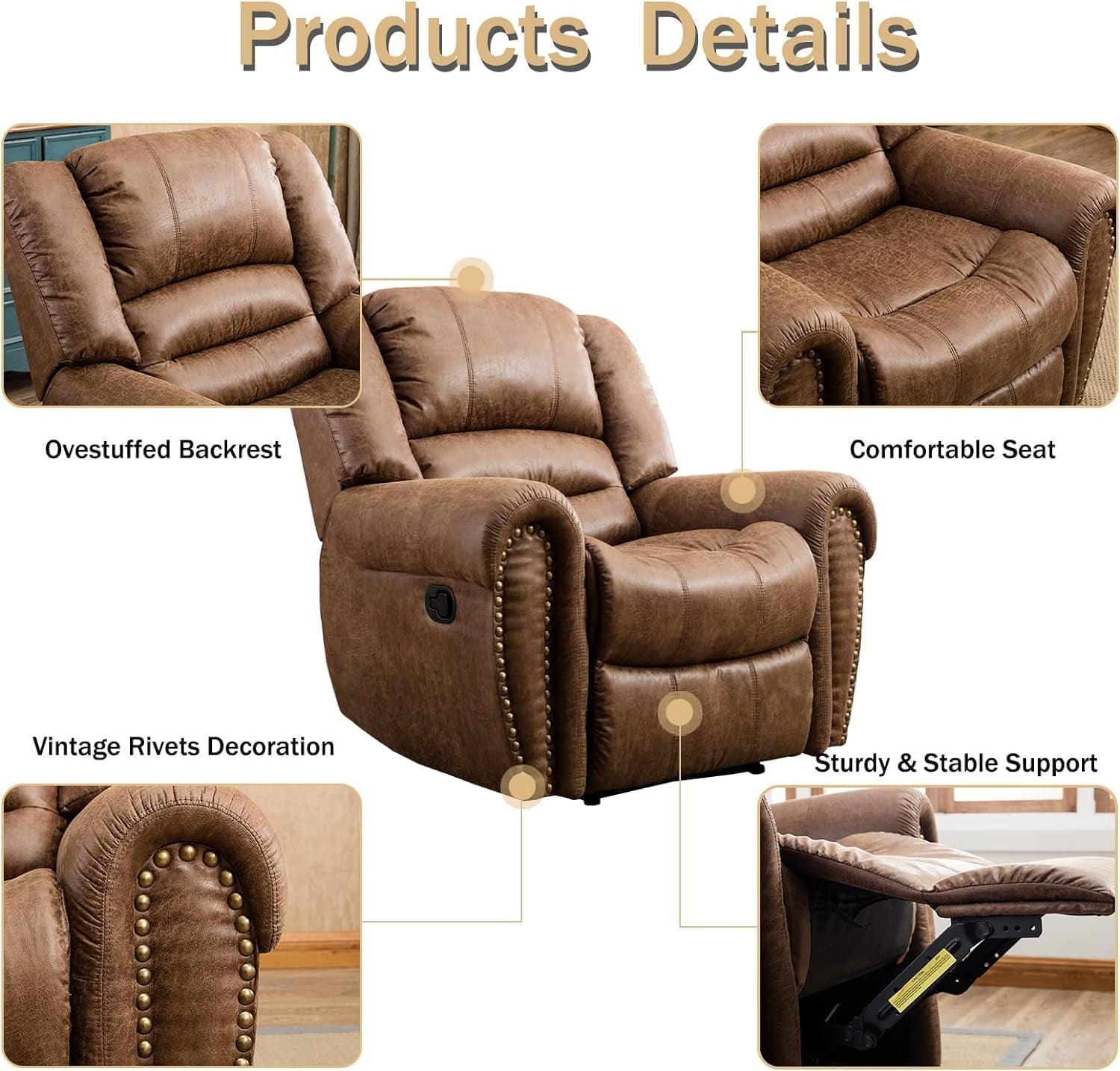 Leather Recliner Chair Set of 2, Classic and Traditional Manual Recliner Chair with Comfortable Arms and Back,Manual Single Recliner Sofa for Living Room, Nut Brown-2
