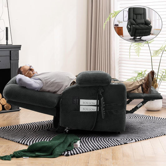 Large Dual Motor Lay Flat Power Lift Recliner Chair, Massage Recliner Chairs with Heat, Lumbar Pillow, USB & Type-C Ports, Oversized Recliner for Big & Elderly People for Living Room - Grey-0